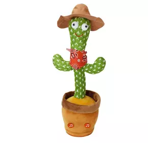 Говорящий танцующий кактус с коричневой шляпой и подсветкой Dancing Cactus 32 см, поющий, повторюшка USB Зарядка