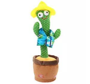 Говорящий танцующий кактус с Желтой шляпой и подсветкой Dancing Cactus 32 см, поющий, повторюшка USB Зарядка