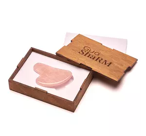 Скребок ГуаШа Сердце Розовый Кварц + Подарочная коробка из дерева - Коричневая